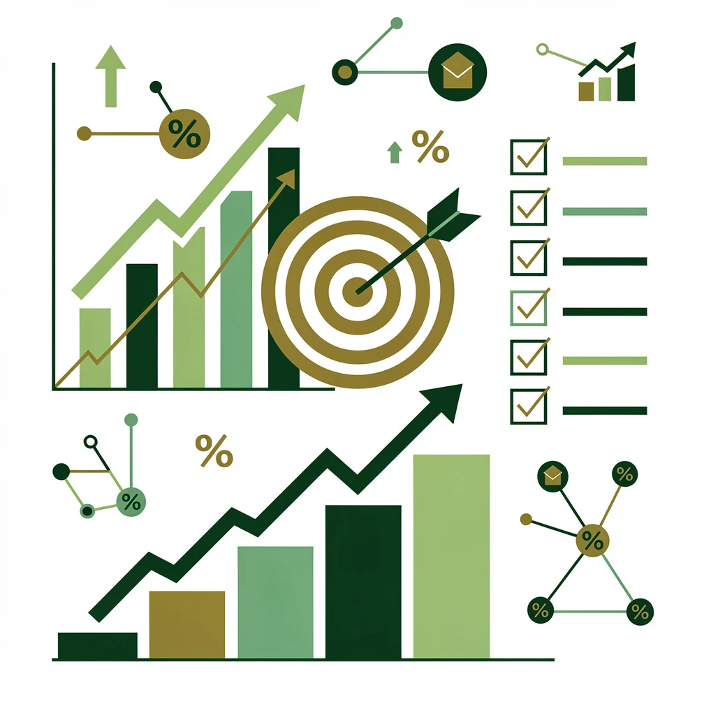 Sales tips for success illustration with growth charts, target, and checklist icons in green and gold