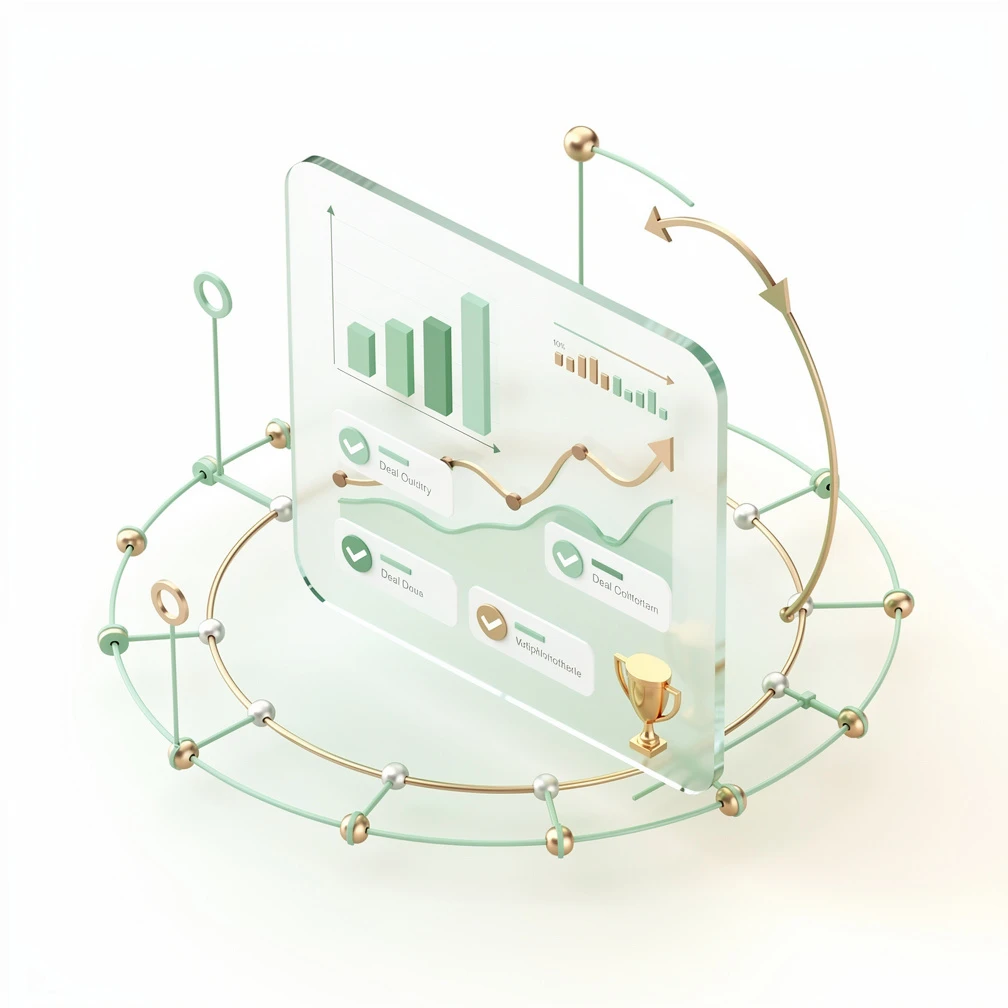 Isometric 3D illustration of a sales dashboard with deal metrics and pipeline symbols in green and gold