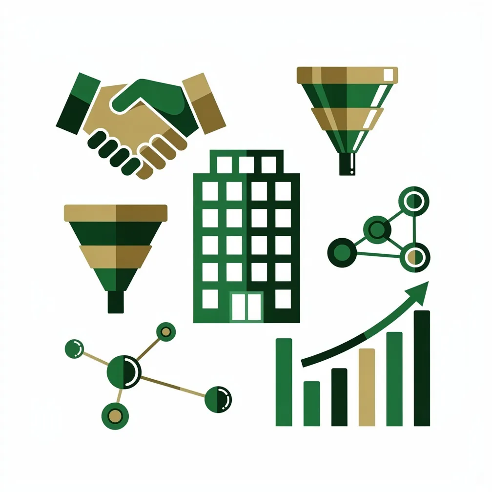 Types of sales models illustrated with flat vector icons in green and gold on white background