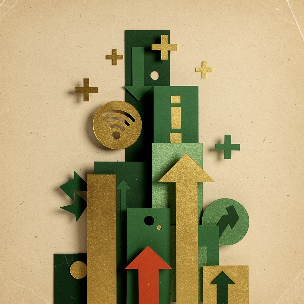 Upselling and cross-selling strategies illustrated with layered geometric growth icons in green and gold