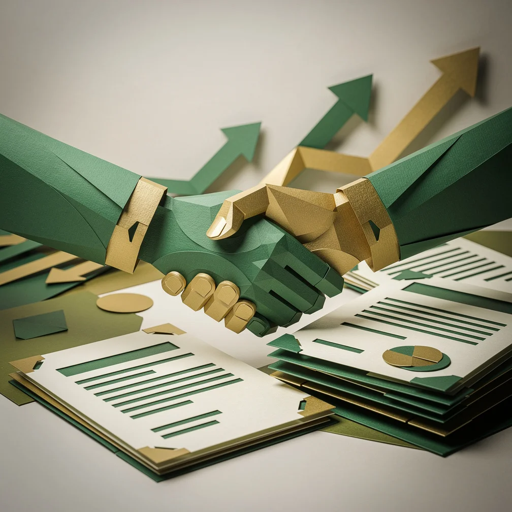 B2B sales concept in paper craft style — layered geometric business deal shapes in green and gold