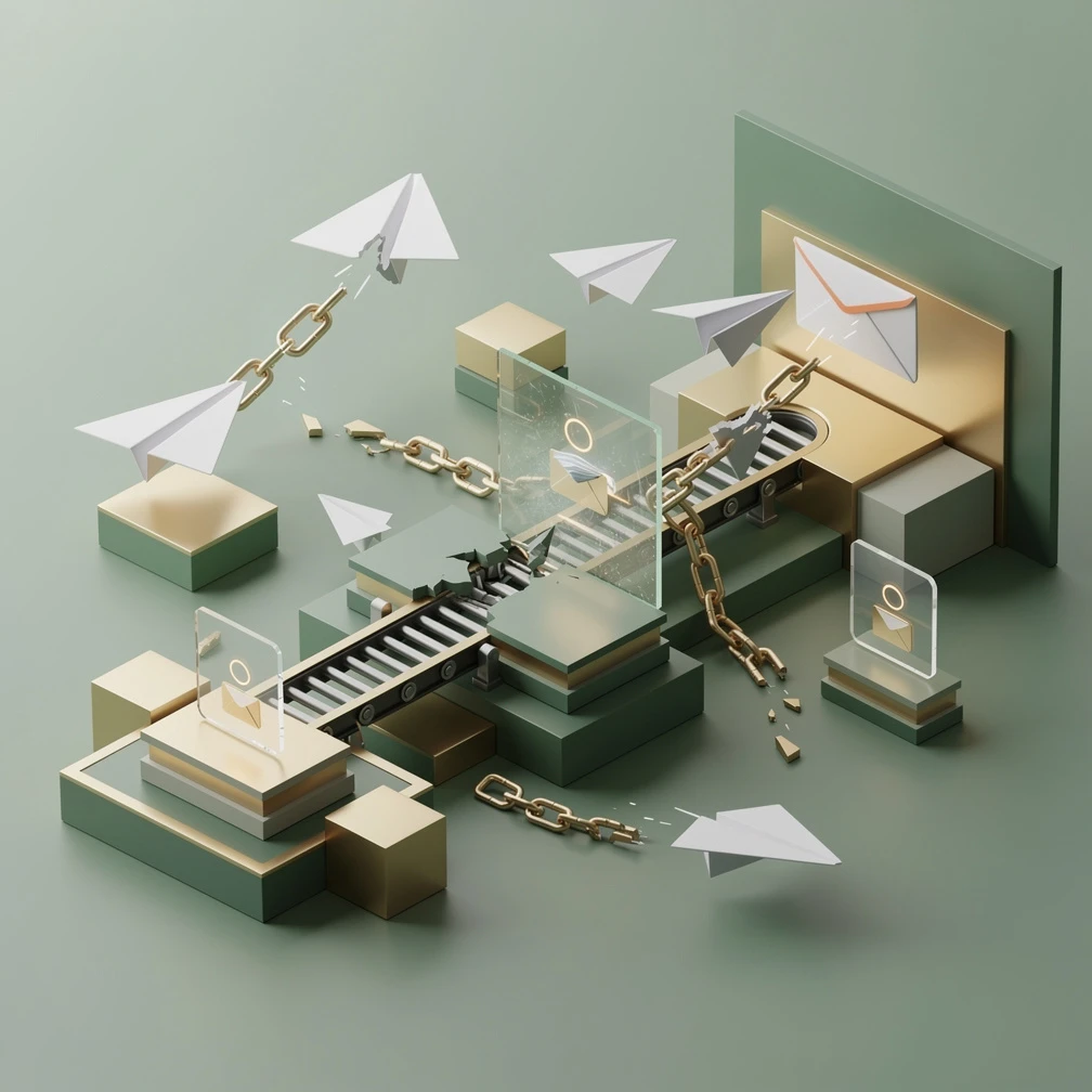 Isometric illustration of failing AI automation agency cold outreach pipeline with blocked emails